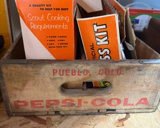 Vintage Pepsi-Cola Wooden Crate with Pueblo, COLO. Markings, Scout Cooking Requirements Kit, Official Mess Kit, and Paved Roads of the Nation Atlas