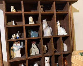 Vintage Wooden Shadow Box with Assorted Cat Figurines