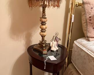 Ornate Table Lamp with Beaded Fringe and Heart-Shaped Side Table
