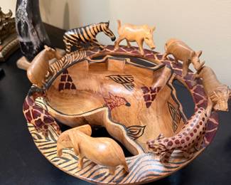 African Safari Carved Wooden Bowl with Animal Figurines