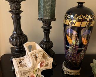 Art Nouveau Ceramic Vase with Peacocks and Art Nouveau Ceramic Ewer with Calla Lilies
