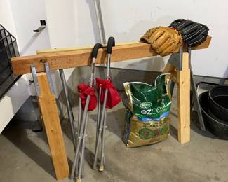Jiffy Seat Folding Stools with Baseball Gloves and Scotts Seed Bag