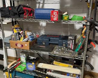 Assorted Power Tools, Accessories, and Storage Unit