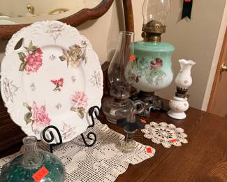 Victorian Style Oil Lamps and Floral Plate Collection