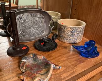 Pewter Tray with "Give Us This Day Our Daily Bread" Engraving and Cast Iron Candlestick Holder