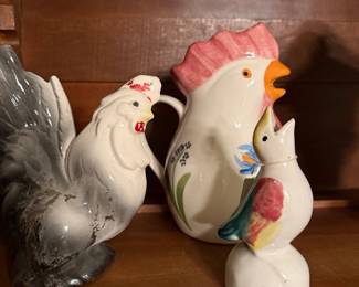 Ceramic Rooster and Hen Salt and Pepper Shakers with Chick Figurine
