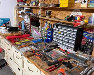 Assorted Hand and Power Tools with Workbench and Storage Cabinet