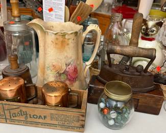 Antique Cast Iron Clothes Iron and James Kent Old Foley Floral Pitcher