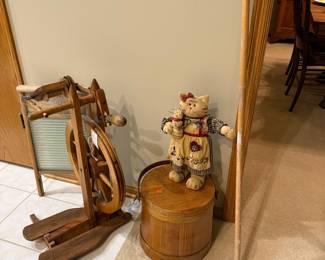 Antique Spinning Wheel, Wooden Bucket, Stuffed Cat, and Broom