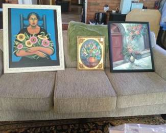 Two vintage oil paintings one signed, framed print.