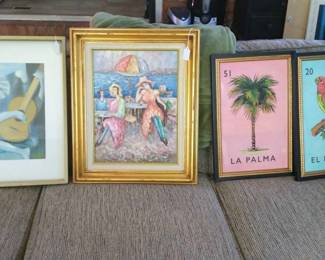 Paintings and prints all framed.
