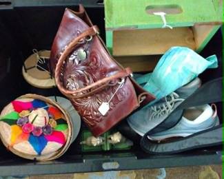 Patricia Nash handbag, Hoka sneakers, cast iron bookends, Mexican woven tortilla baskets.
