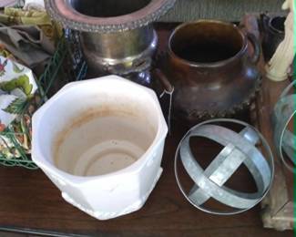 Italian planter, Mexican pottery planter, vintage silverplate champagne bucket.