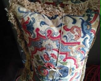 Designer chinoserie embroidered feather pillows with fringe, velvet backed.