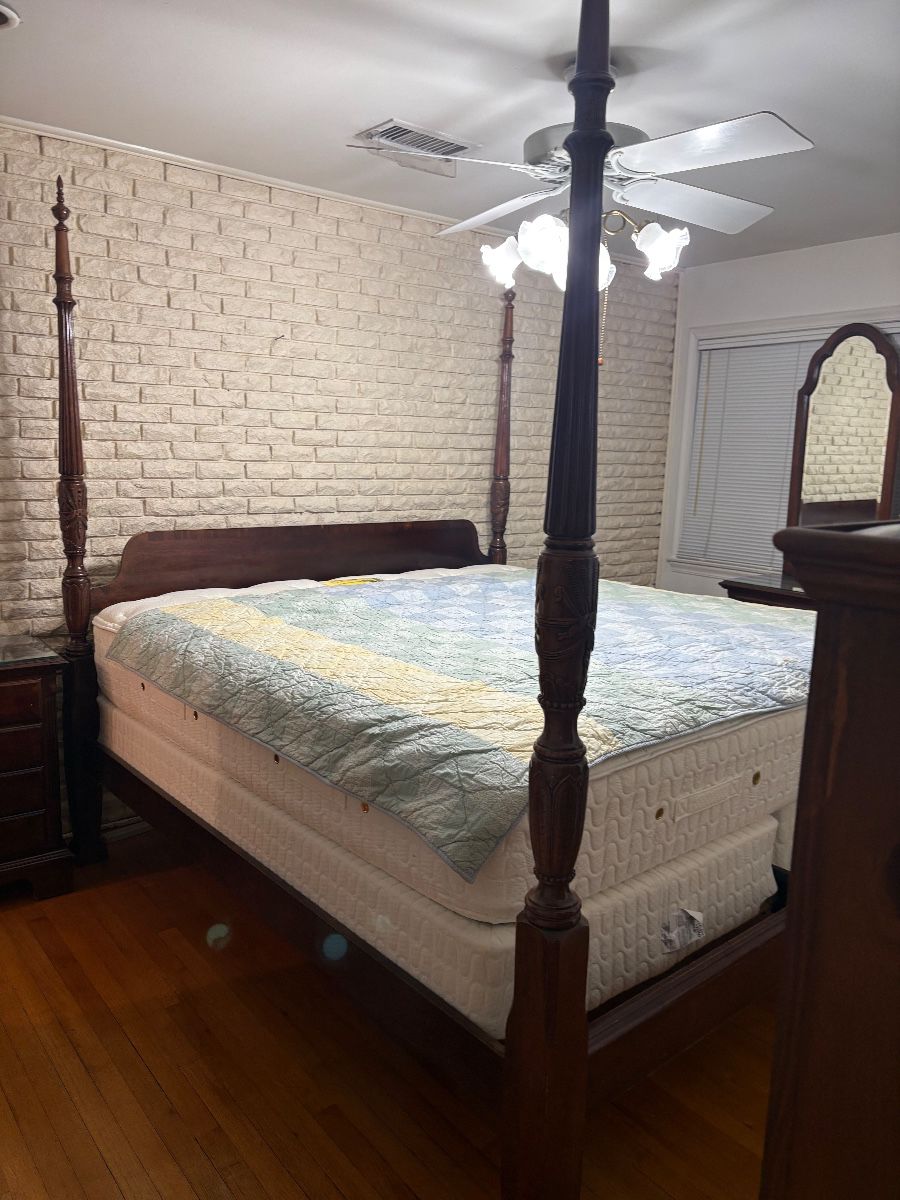 Five piece Vintage Cherrywood bedroom set. For poster bed, dresser, two mirrors, two side tables and amoire