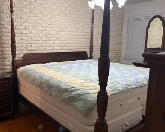 Five piece Vintage Cherrywood bedroom set. For poster bed, dresser, two mirrors, two side tables and amoire