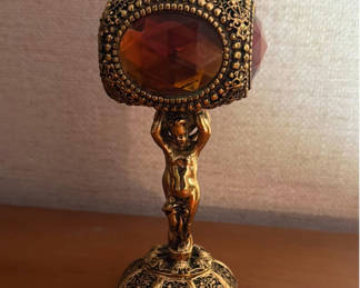 Lot 91: Ornate Table Lighter with Faceted Amber Glass Panels