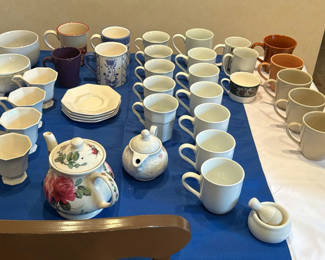Lot 18: Assorted Ceramic Mugs, Teapots, and Saucers