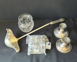 Lot 2: Silver-plated candle holders, glass jar, long-handled scoop, and assorted metalware