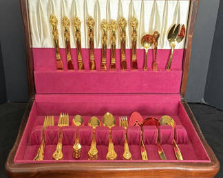 Lot 23: Gold-Tone Flatware Set in Wooden Presentation Case
