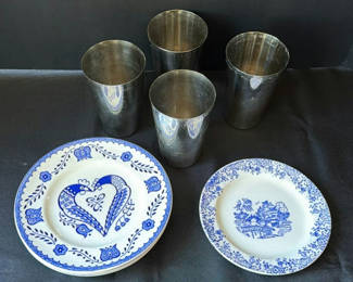 Lot 4: Blue and White Ceramic Plates with Four Metal Tumblers