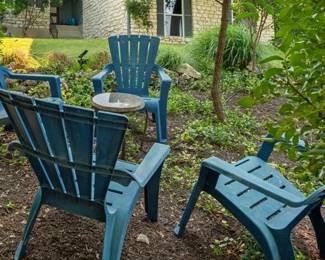 4 blue Adirondack plastc chairs, small metal base for table