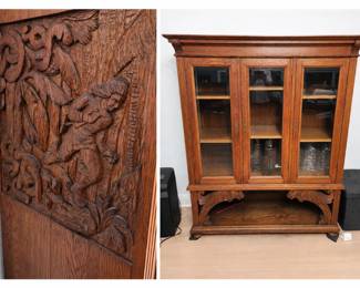 Renaissance Revival "Storyteller Cabinet" - side & under panels show winged griffins, 3 figures at forge. 57.5x19x61