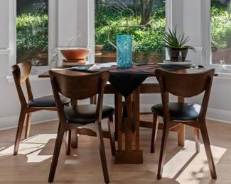 craftsman style dropleaf table, 3 of 8 midcentury modern chairs, glass vase