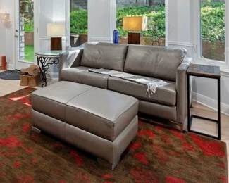 Leather loveseat and ottoman with storage, metal endtable with glass top, ~8x10 rug