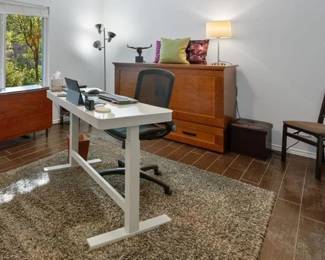 Cabinet bed w/ mattress, tall lamp, adjustable desk, ~5x11 rug, early american style dropleaf table (2nd pic)