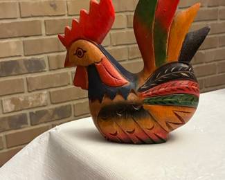 Hand-Carved Painted Wooden Rooster Figurine