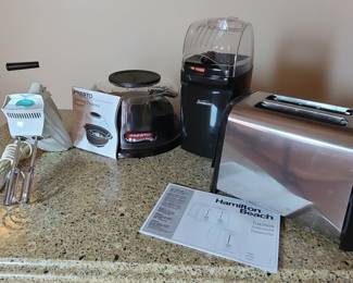 Hamilton Beach Toaster, Presto Stirring Popcorn Popper, and Sunbeam Electric Popcorn Machine