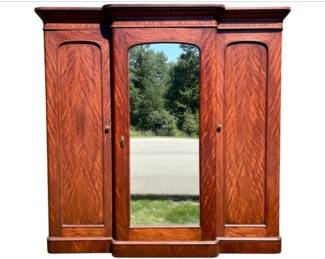 Figured Mahogany Three-Door Fitted Compactum Wardrobe With Central Mirror