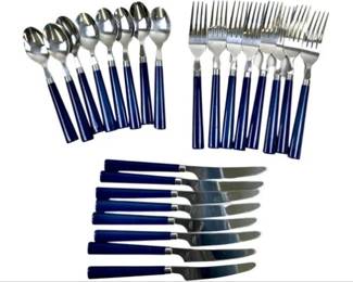 Set Of Stainless Steel Knives, Spoons And Forks With Blue Plastic Handles