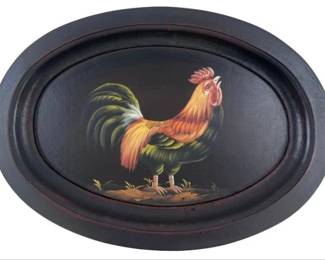 Vintage Folk Art Painted Wooden Tray With Rooster Design