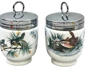 Royal Worcester Porcelain Egg Coddlers With Bird Designs & Stainless Steel Lids