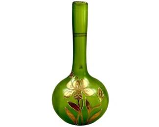 Art Nouveau Gold Enameled Green Glass Vase