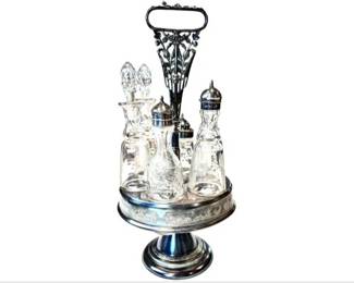 Antique Silver Plate & Cut Glass Cruet Set