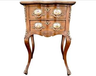 Louis XV Style Walnut Side Table Porcelain Sevres Style & Ormolu Pulls - With Key