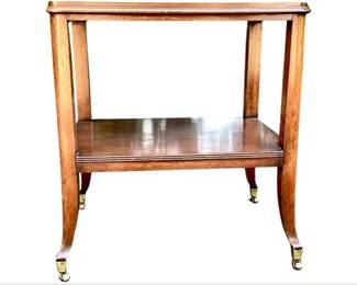 Mahogany Gallery Top End Table On Brass Casters With Floating Lower Shelf