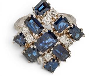 Lot 35 14k White Gold, Sapphire, and Diamond Cluster Ring Size 6.25