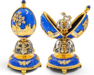 Lot 1236 House of Igor Carl Fabergé, (Russian) 24kt Gold Plated Sterling Silver, Enamel and Gemstones, 'Kingdom of the Unicorn' Musical Imperial Egg, H 7.5" Di