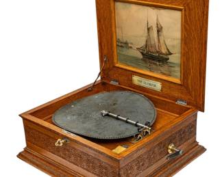 Lot 86 Olympia Carved Oak Table Top Music Box 1900, '15 3/4" Discs'
