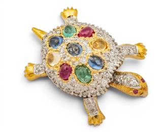 Lot 41 18k White and Yellow Gold, Diamond, and Gem Set Turtle Brooch