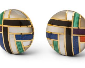 Lot 23 14k Yellow Gold and Inlaid Gemstone Button Earrings