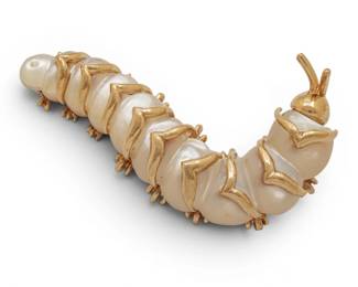 Lot 39 Robert Wander WINC 14k Yellow Gold and Mother of Pearl Caterpillar Brooch