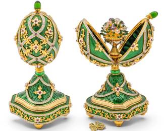 Lot 1229 House of Igor Carl Fabergé, (Russian) Gold Plated Sterling Silver, Enamel and Gemstone 'Garden of Jewels' Musical Imperial Egg with Accompanying 14kt