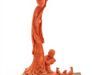 Lot 1096 Chinese Carved Coral Figure, Songzi Guanyin, Ca. 1900, H 10" 1 PC