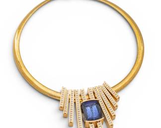 Lot 12 Trisko Jewelry Modernist 14k Yellow Gold, 45ct Tanzanite and Diamond Omega Chain Necklace