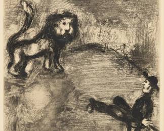 Lot 1022 Marc Chagall (French/Russian, 1887-1985) Black and White Engraving on Paper 'Le Lions Fontaine Fables'